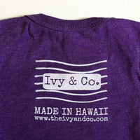 purple baby girl onesie with white Ivy & Co postage stamp logo